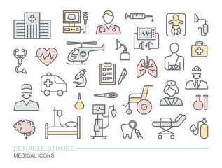 Set of medical on the theme of diagnostics, treatment, and hospital. Linear icons with editable stroke