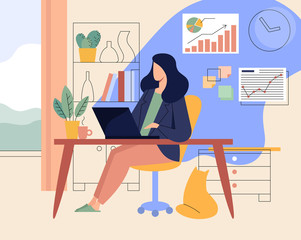 Flat vector concept illustration. A female freelancer working at home with cat.