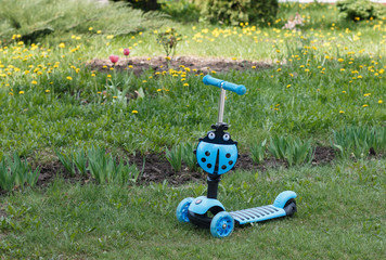 children's scooter blue on the grass in the Park