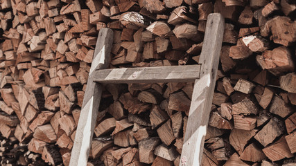 firewood, dry firewood, ladder laden to firewood, many firewood, stacked firewood, chipped...