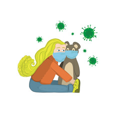 A girl with a toy bear in a medical mask
