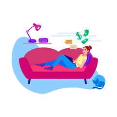 Young woman work on freelance at home interior. Girl with laptop working comfortably on the sofa. Freelancer, remote job, self-employed concept. Flat cartoon vector illustration.