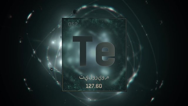 Tellurium as Element 52 of the Periodic Table. Seamlessly looping 3D animation on green illuminated atom design background orbiting electrons name, atomic weight element number in Arabic language