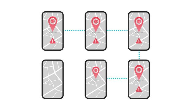 Coronavirus tracking app animation concept with six phones connecting with each other through bluetooth