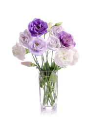 bunch of violet, white and violet eustoma flowers in glass vase isolated on white