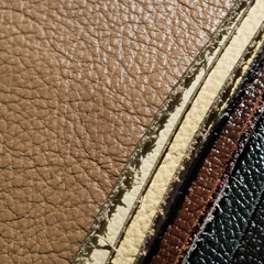 Brown Luxury leather samples close-up. Can be used as background. Industry background