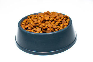 Bowl with food for cats and dogs. Dry food for pets in a recipient, on a white background