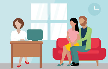 a young couple come to doctor. Wife and husband are sitting on the red sofa in therapist s cabinet. Doctor with brown hair is typing on the computer.