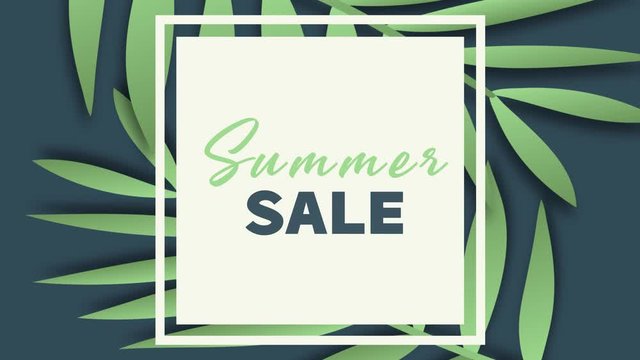 Tropical Summer sale animation. Simple Summer Sale typescipt with various jungle leaves and Hibiscus flower fading into frame.