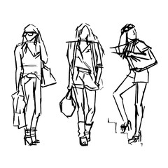 Fashion models silhouettes , Vector illustration, SKETCH. fashion girls, hand drawn
