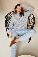 Beautiful brunette woman natural make up wear fashion clothes casual dress code style white knitted...