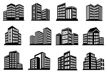 set of public Building icon, goverment and office symbol, hotel, apartment, house icon vector