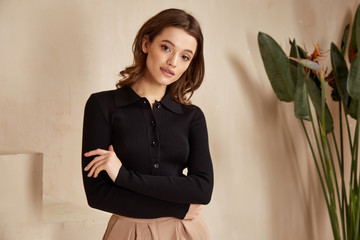 Beautiful brunette woman natural make up wear fashion clothes casual dress code office style black...