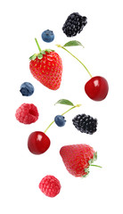 Fototapeta na wymiar Set of falling sweet berries on white background