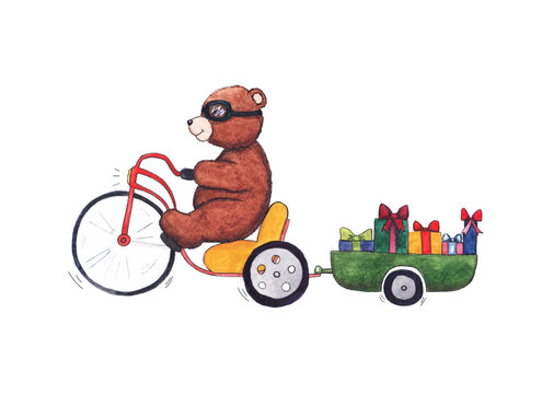 The bear cub a motorcyclist is carrying gifts on his motorcycle. Watercolor illustration	