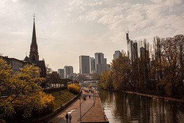 Frankfurt city skyline with park, river and financial district