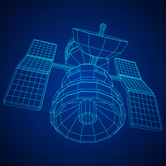 Space station communications satellite. Wireframe low poly mesh vector illustration.