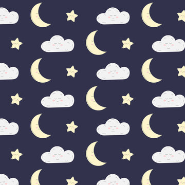 Seamless background with stars, months and clouds. Vector image for fabric, wallpaper, clothes, diapers.