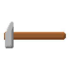 Pixel hammer with a wooden handle. Horizontal view. Vector graphic illustration. Isolated object on a white background. Isolate.