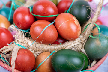Closeup of colorful easter eggs in the basket