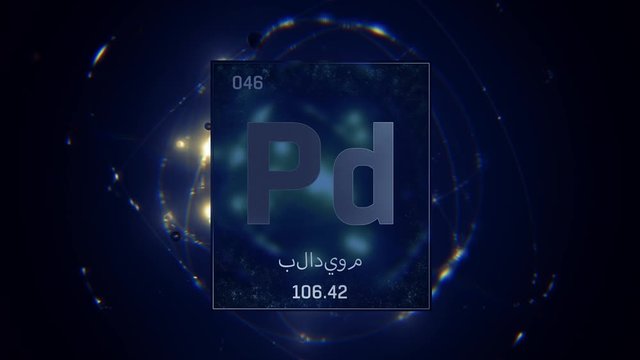 Palladium as Element 46 of the Periodic Table. Seamlessly looping 3D animation on blue illuminated atom design background orbiting electrons name, atomic weight element number in Arabic language