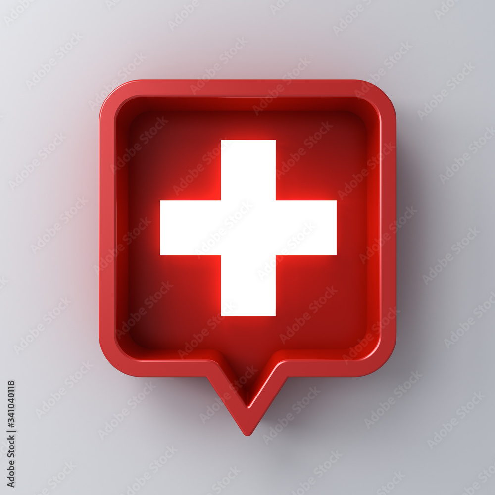 Fototapete medical cross or neon light plus sign in red rounded square speech bubble pin isolated on white wall