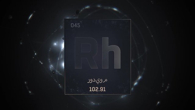 Rhodium as Element 45 of the Periodic Table. Seamlessly looping 3D animation on silver illuminated atom design background orbiting electrons name, atomic weight element number in Arabic language