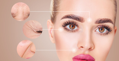 Circles with elderly wrinkled skin shows lifting cosmetic procedure.