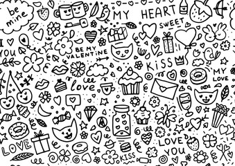 Big doodle set of elements for Valentine's day. Hearts, sweets, flowers, garlands, balls, gifts, and other cute items.