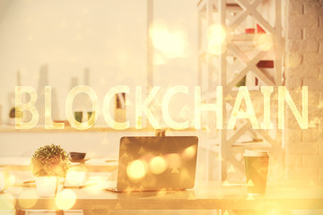 Double exposure of crypto technology theme drawing and office interior background. Concept of blockchain.
