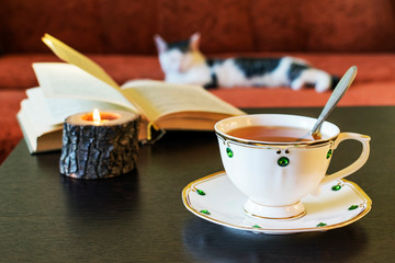 On the table is a beautiful  cup of tea with a spoon, a candle and an open book, on the background is a cat on a red sofa.