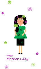 Doll woman, girl in green dress, for postcard mother's day, children background