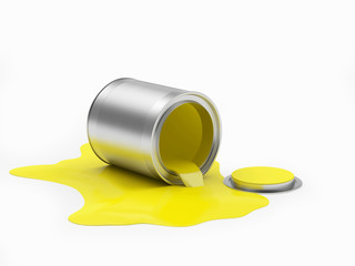 Yellow paint spilled from an open can isolated on a white background. 3D illustration