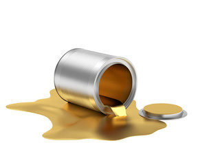Gold paint spilled from a metal open can isolated on a white background. 3D illustration