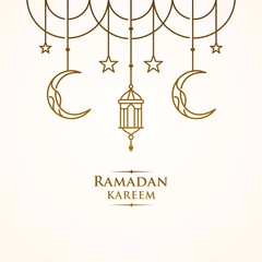 ramadan Kareem, Eid Mubarak Greeting Line icon minimal and simple vector design with beautiful Glowing Lantern and elegant crescent moon star for background and Banner - obrazy, fototapety, plakaty