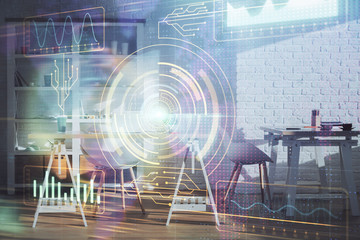 Multi exposure of data theme drawing and office interior background. Concept of technology.