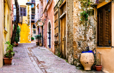 Colorful traditional Greece series - narrow streets in old town of Chania, Crete island