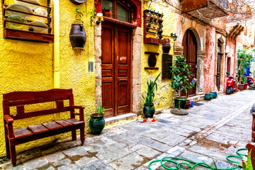 Fototapeta na wymiar Colorful traditional Greece series - narrow streets in old town of Rethymno, Crete island