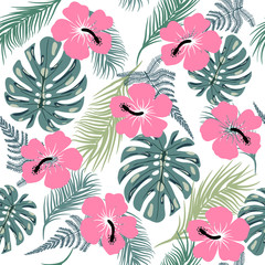 seamless pattern with exotic leaves and hibiscus flowers