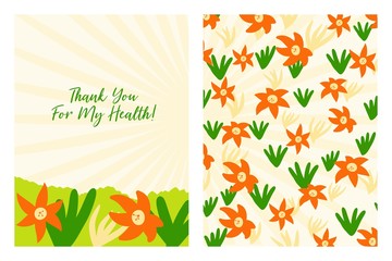 Fototapeta na wymiar Thank You For My Health card with floral pattern. Flat style hand drawn illustrations with copy space for text. Simple cartoon design.