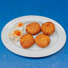 delicious minched tomato fries with tzatziki sauce, gourmet Greek plate
