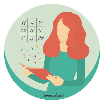 Numerologist. Icon of a numerologist girl with a book and numbers in a trendy flat style. Calculation of the numerical matrix of human fate. Consultation. Trend colors. Pythagorean square.