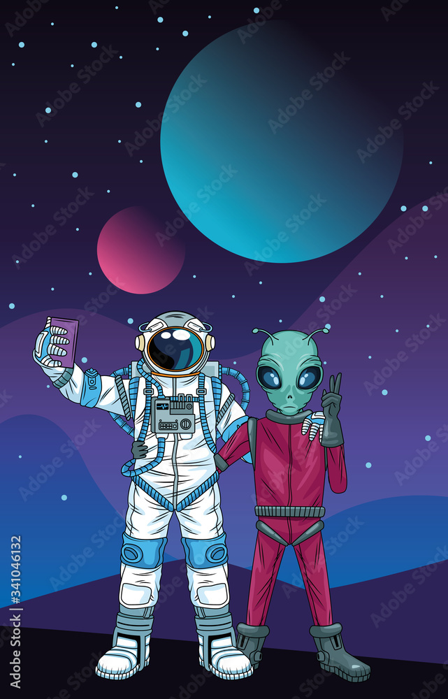 Poster astronaut and alien taking a selfie in the space