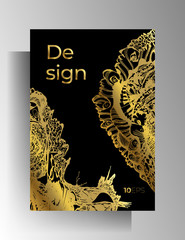 Cover template design for book, magazine, flyer, brochure, catalog. Gold and black hand-drawn textural elements. A4 format. Vector 10 EPS.