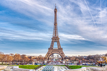 Paris cityscape with the Eiffel tower, blue sky, HDR photography with vivid colors and lots of detail and definition