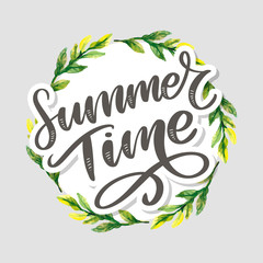 Green summer time letter flowers in modern style on colorful background. Greeting invitation vector illustration. Floral bouquet decoration. Decoration element.