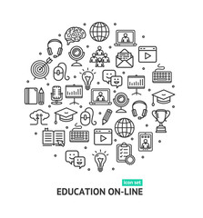 Fototapeta na wymiar Education Online Round Design Template Thin Line Icon Concept. Vector
