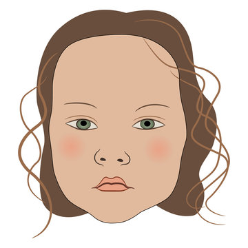 Isolated Vector Illustration. Female Child's Face. Cute Baby. Beautiful Little Girl With Green Eyes And Brown Hair.