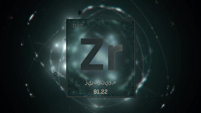 Zirconium as Element 40 of the Periodic Table. Seamlessly looping 3D animation on green illuminated atom design background orbiting electrons name, atomic weight element number in Arabic language