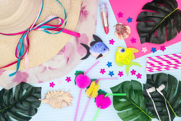 Summer vacation concept. Beach decoration and accessories on the table 